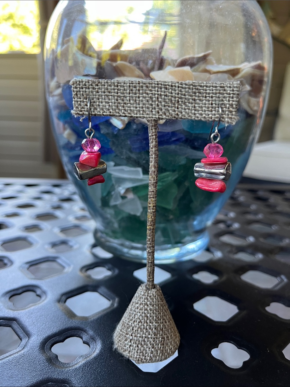 Pink Shell & Silver Bead Dangle Earrings